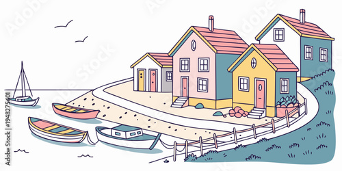 a colorful illustration of a small coastal village with houses and boats Vector