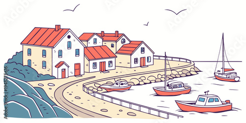 a small coastal village with boats and houses Vector