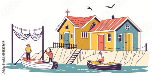 a colorful fishing village by the sea with boats Vector