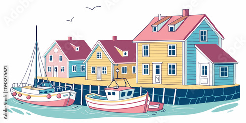 a colorful row of houses on the waterfront Vector