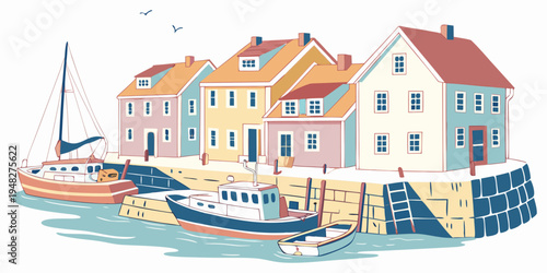 a colorful harbor scene with boats and buildings Vector