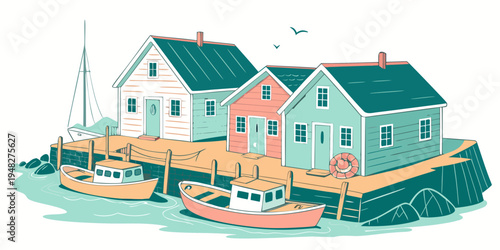 a small village with houses and boats by the sea Vector