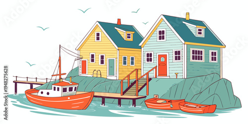 a colorful illustration of a coastal village scene Vector
