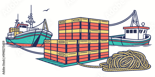 a cargo ship and a fishing boat next to shipping containers and a pile of coal Vector