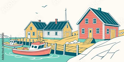 a red boat floats in front of colorful houses Vector