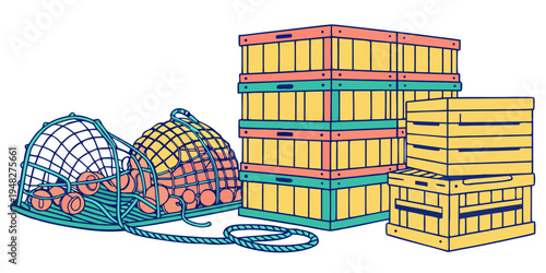 a stack of colorful wooden pallets and two wire mesh domes Vector