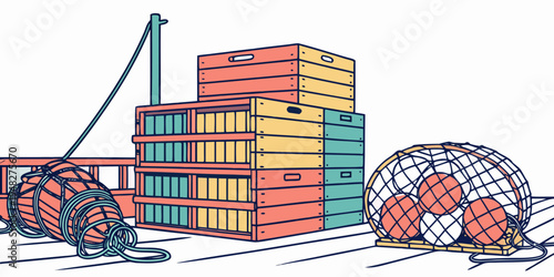 a stack of shipping containers with a crane Vector