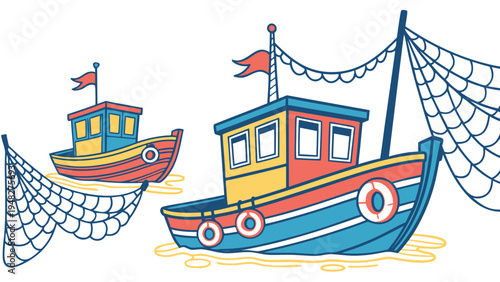two colorful boats with fishing nets Vector