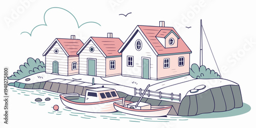 a small village by the sea with houses and a boat Vector