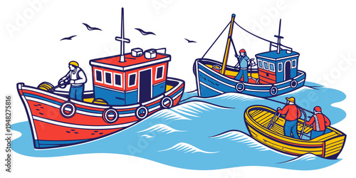 a red and blue boat and a yellow boat on the water Vector