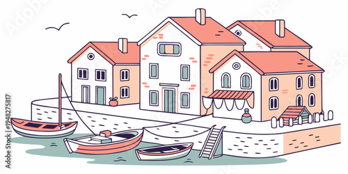 a small harbor with boats and houses Vector