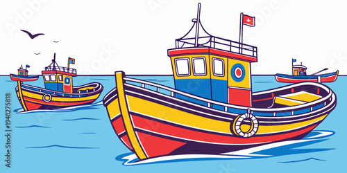 a colorful boat with a red and yellow hull on the water Vector