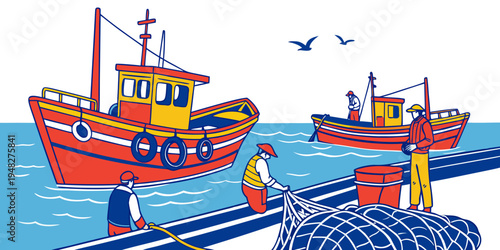 a fishing boat and a man on a dock with another boat in the background Vector