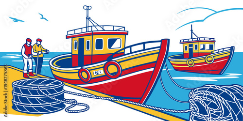 two boats are docked at a pier with people Vector