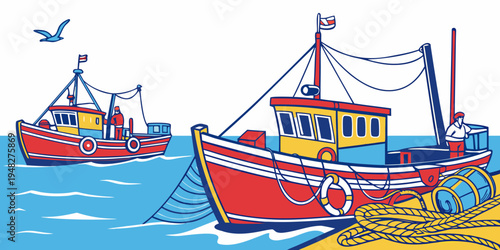 Two fishing boats on the water with a seagull flying overhead Vector