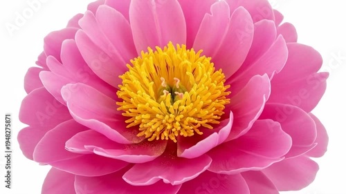 A vibrant pink flower with a bright yellow center in a serene natural setting