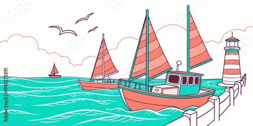 a red sailboat and a lighthouse on a pier by the sea Vector