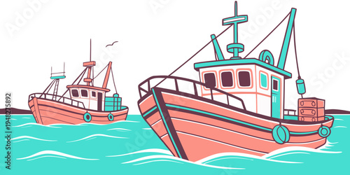 Two fishing boats floating on the water Vector