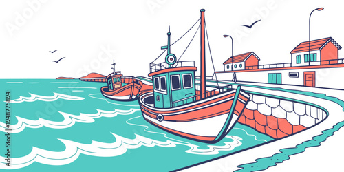 a small fishing boat sitting on a dock near the water Vector