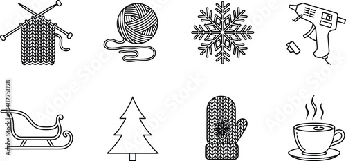 Winter craft icon set featuring knitting needles yarn snowflake hot glue gun sleigh pine tree mitten and steaming coffee cup in line art