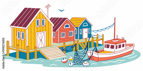 a colorful dock with houses and a boat Vector