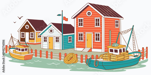 a colorful illustration of a small fishing village by the sea Vector