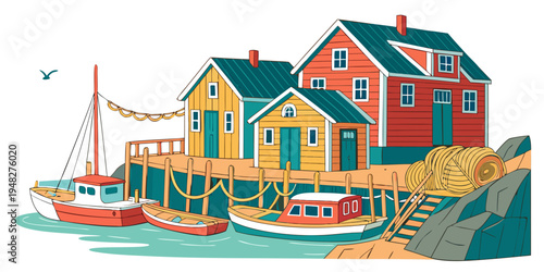 a colorful illustration of a dock with houses and boats Vector