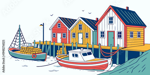 colorful fishing village with boats and houses Vector