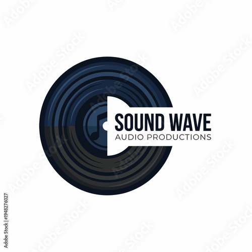 An elegant logo design for Sound Wave Audio Productions, featuring a vinyl record graphic that symbolizes music and creativity in a modern style.