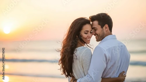 A romantic couple shares a tender moment on the beach during a serene sunset