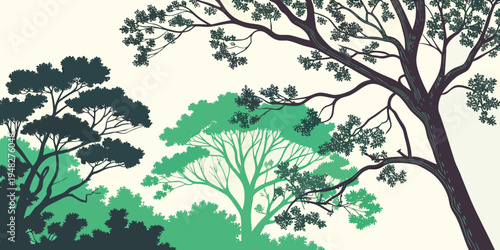 a group of trees with green leaves and brown branches Vector