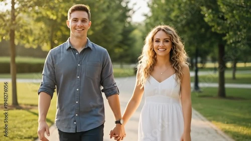 A young couple holding hands and walking together in a park on a sunny day