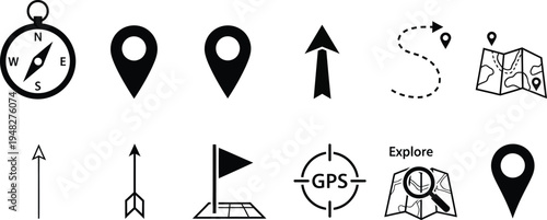 Collection of navigation icons and symbols in silhouette isolated on transparent background
