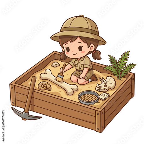 This delightful illustration shows a child dressed as an archaeologist, digging in a sandbox and brushing off bones and fossils, representing curiosity and exploration in learning.