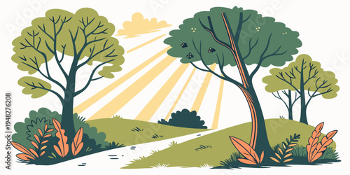 a serene landscape with trees and a sunburst Vector