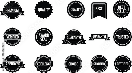 Collection of black quality guarantee badges silhouette isolated on transparent background