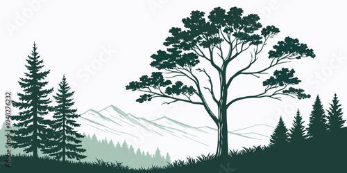 a dark green silhouette of trees on a hillside Vector
