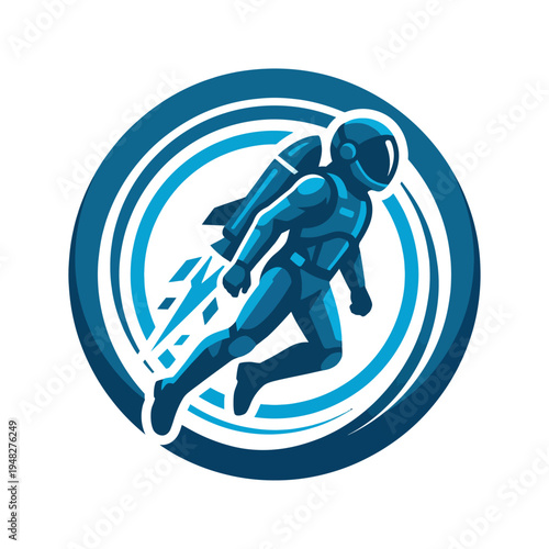 This bold image illustrates an astronaut in a jetpack flying through a circular blue motion pattern, symbolizing exploration and the adventurous spirit of space travel.