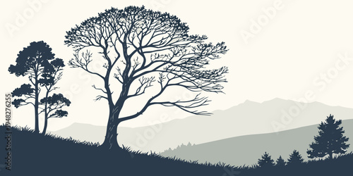 a serene landscape with trees on a hillside Vector