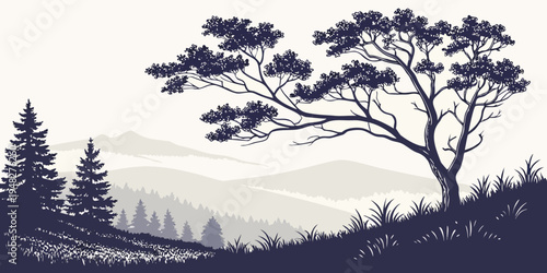 a tree on a hill with mountains in the background Vector