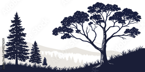 a serene landscape with trees on a hillside Vector