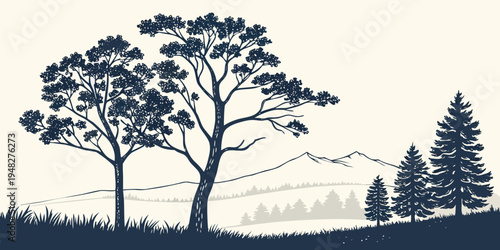 a serene landscape with trees on a hill Vector