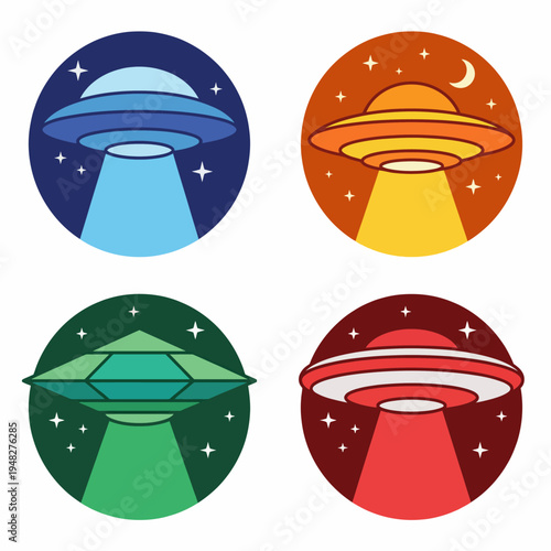 This eye-catching image displays a collection of colorful UFOs with bright beams of light, representing extraterrestrial life, sci-fi imagination, and visual creativity in a playful way.