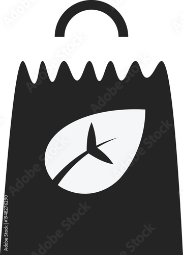 A simple black graphic depicts a shopping bag with a stylized coffee bean and leaf illustration on its front