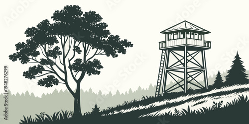 a tower on a hill next to a tree Vector