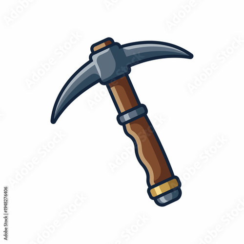 A traditional pickaxe featuring a robust wooden handle and a sharp steel head, ideal for mining and construction activities showcasing craftsmanship and practicality.