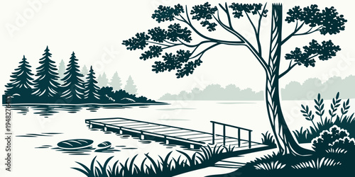 a tree stands by a lake with a wooden fence Vector