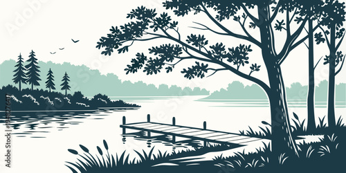 a serene lake scene with trees and a fence Vector