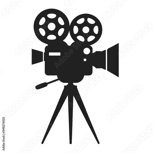 Silhouette of a vintage movie camera on a tripod with two film reels Keywords: movie camera, film camera, vintage camera