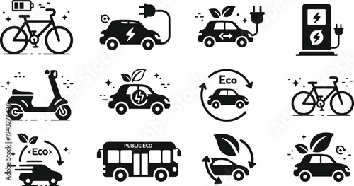 Eco friendly transportation solid icon set with electric car bike scooter charging station green mobility illustration